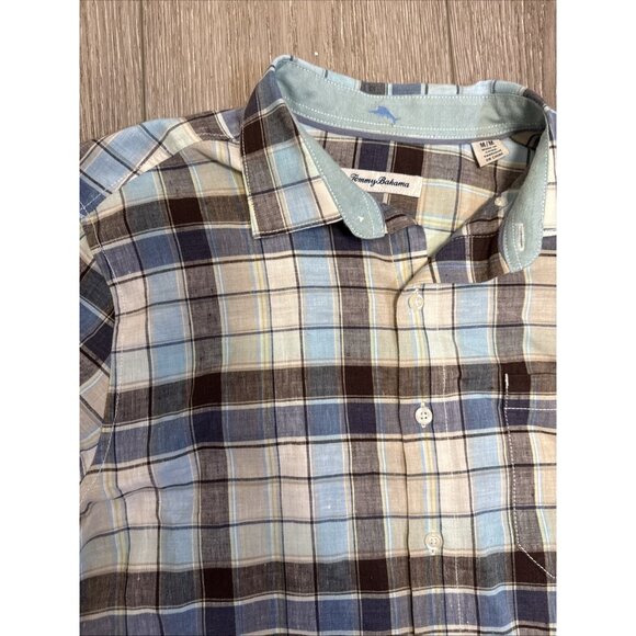 Tommy Bahama Men's Size Medium Plaid Long Sleeve Men's Shirt BLUE BROWN - Picture 4 of 9